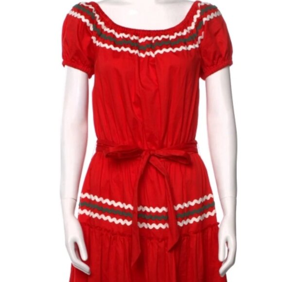 Tory Burch Embroidered Peasant Midi Dress Rickrack Trim Red Green White S, M$485 - Picture 7 of 9